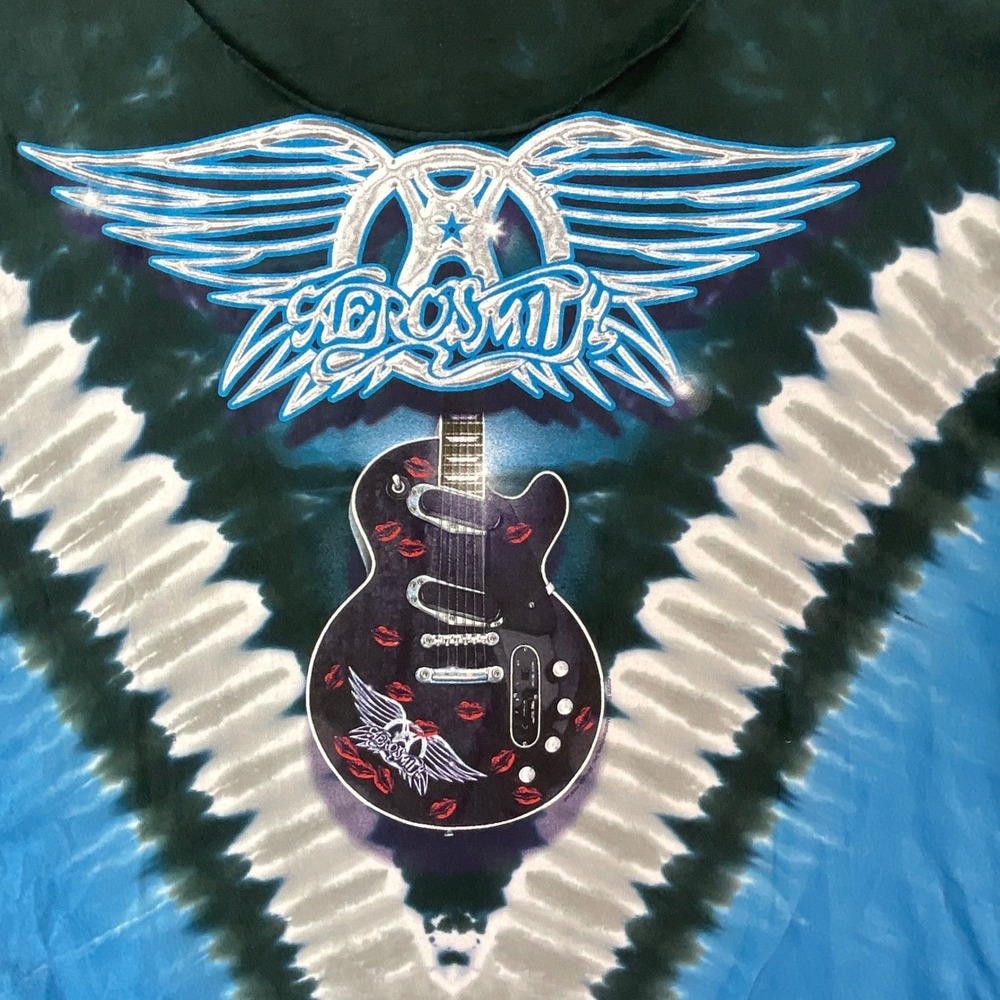Aerosmith Graphic T-Shirt Womens XL Blue Tie Dye Guitar Band T 2008 Cut Off Neck